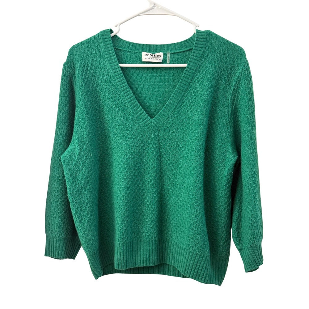 27 Miles Malibu Green 100% Cashmere V-Neck Textured Puff Sleeve Sweater Medium